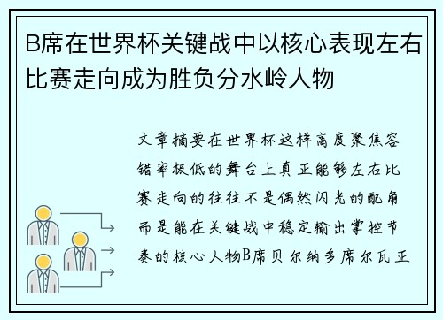 B席在世界杯关键战中以核心表现左右比赛走向成为胜负分水岭人物